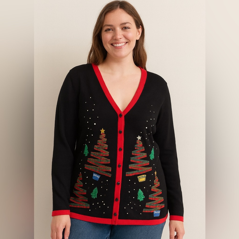 Reference Point Christmas Tree Cardigan Sweater Medium Plaid Ribbon Embroidered